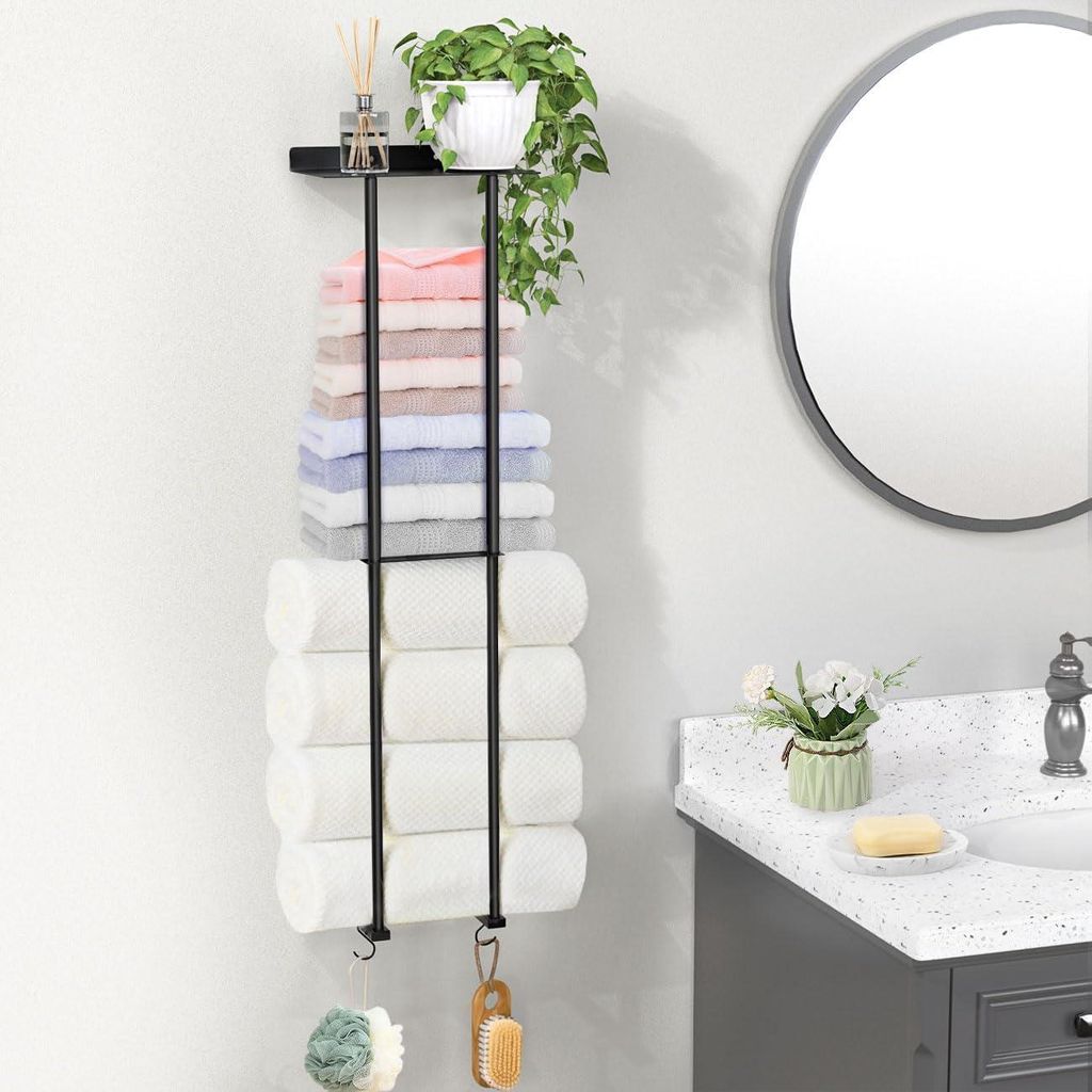 2-stufiger Badezimmer Handtuch Aufbewahrungsorganisator - 80 cm Wand Handtuchhalter mit Haken - Schwarz