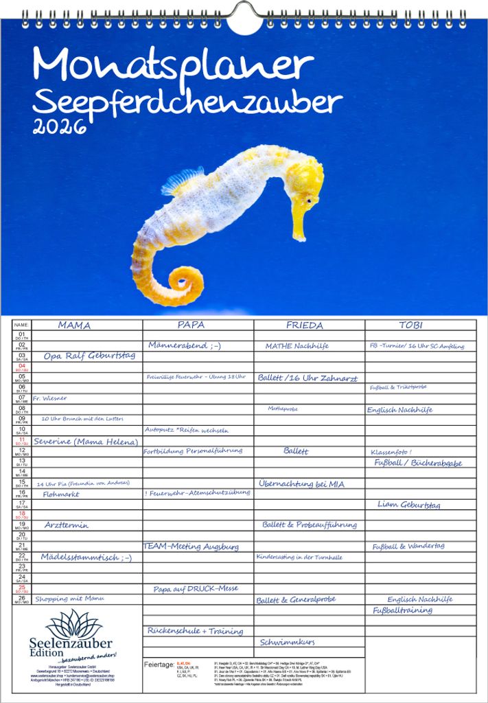 Seepferdchenzauber Planer Familienplaner 4 Spaltenplaner DIN A3 Kalender für 2026 Unterwasser - Seelenzauber