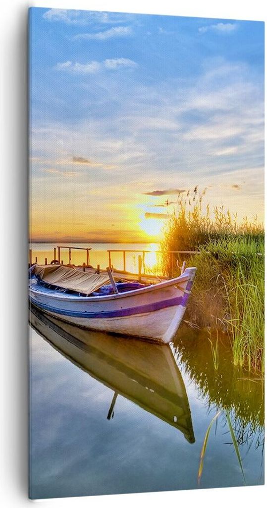 Bild auf Leinwand - Leinwandbild - See Boot Wasser - 65x120cm - Wand Bild - Wanddeko - Wandbilder - Leinwanddruck - Bilder - Kunstdruck - Wanddekor...