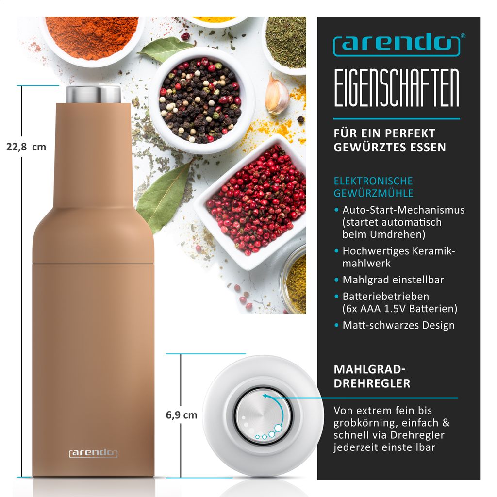 Arendo - Mlynček na soľ a korenie elektrický, sada 2 ks, Obrázok produktu 2