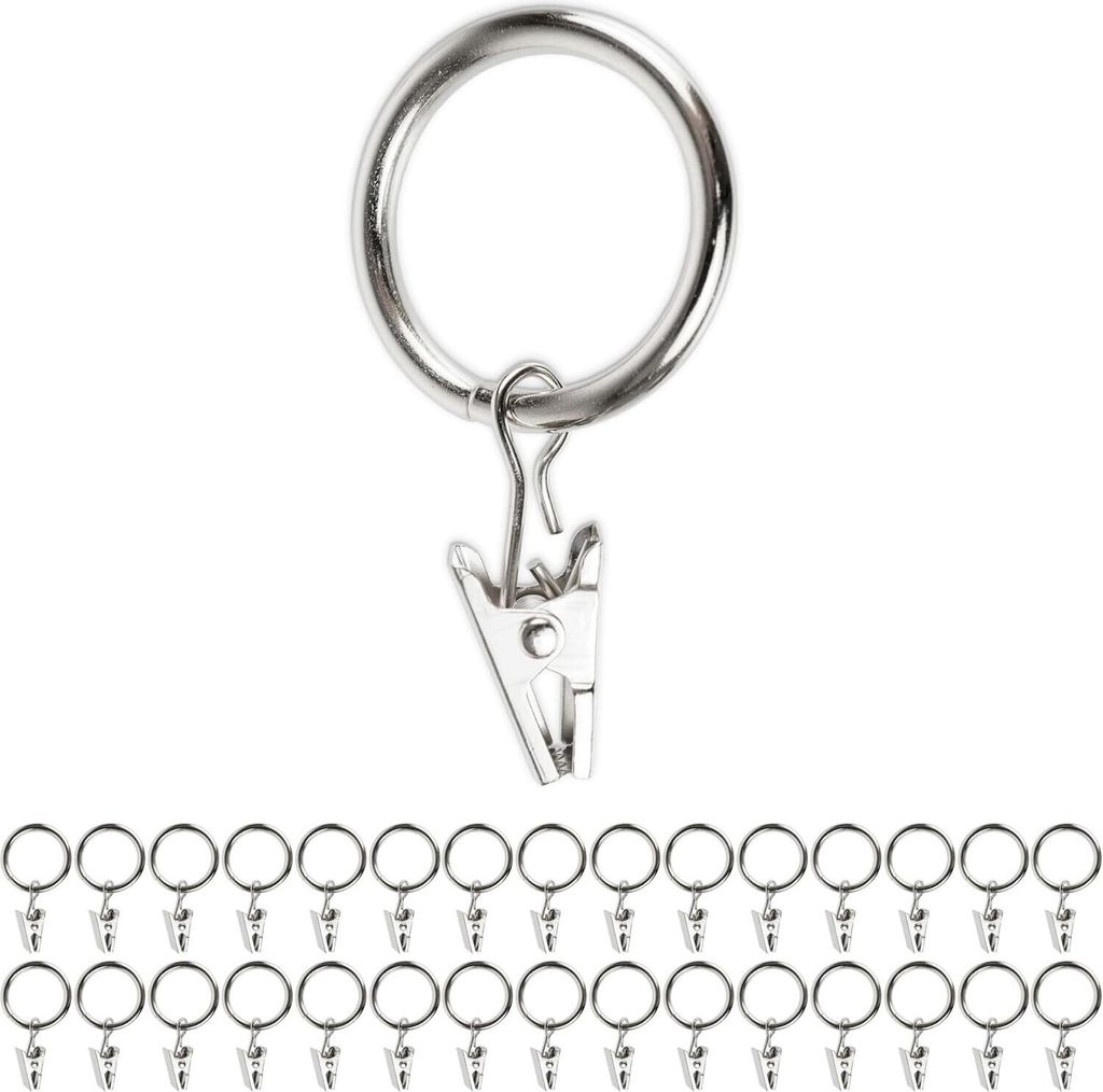 Gardinenklemmen mit Ringen, 30 Pack, in Silber-Farben, Ø 25 mm innen, Gardinenringe für bis Ø 24 mm Dicke Gardinenstangen, Vorhang Ringe Klammer...