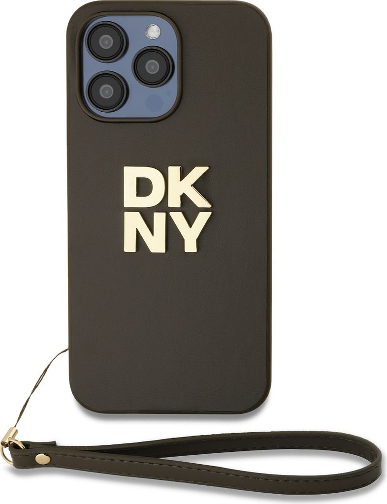 DKNY, Hülle für Apple iPhone 14 Pro mit Metall-Logo und Handgelenkband, Braun