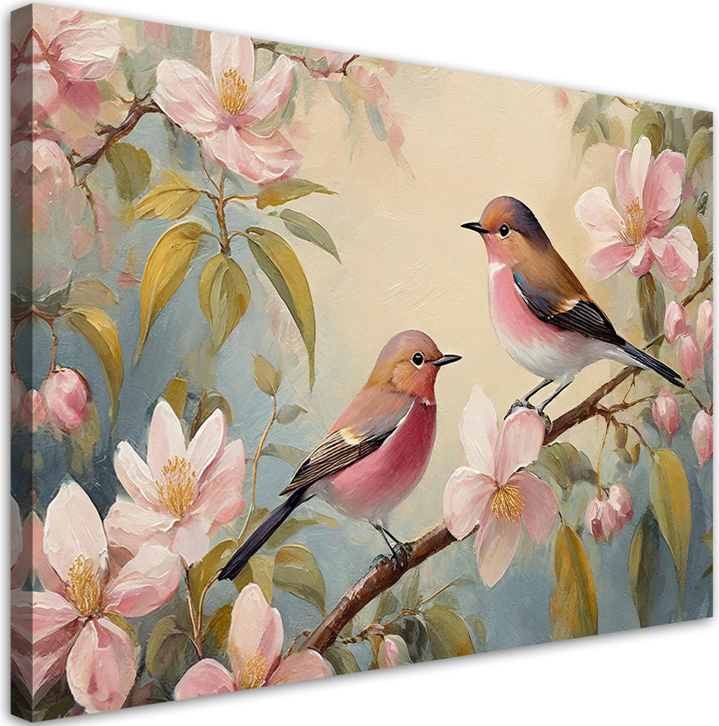Leinwandbild Vögel auf einem Ast Tiere Vintage 120x80 Feeby Rosa bild für die wand bereit zum aufhängen