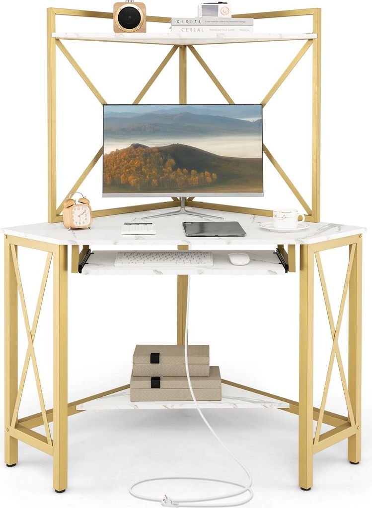 Eckarbeitsplatz mit Regalaufsatz, Eckschreibtisch mit Regalen, Tastaturablage, Fallschutzwand & integrierter Ladestation, platzsparender PC-Tisch W...