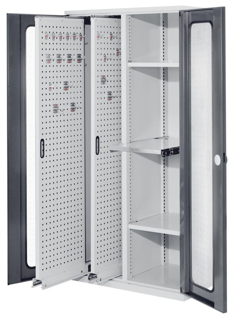 Schwerlastschrank, Sichtfenstertüren, 2 Vertikalauszüge, 2 Fachböden, 1 Auszugsb. BxTxH 1000x600x1950 mm, RAL 7035 / RAL 7016