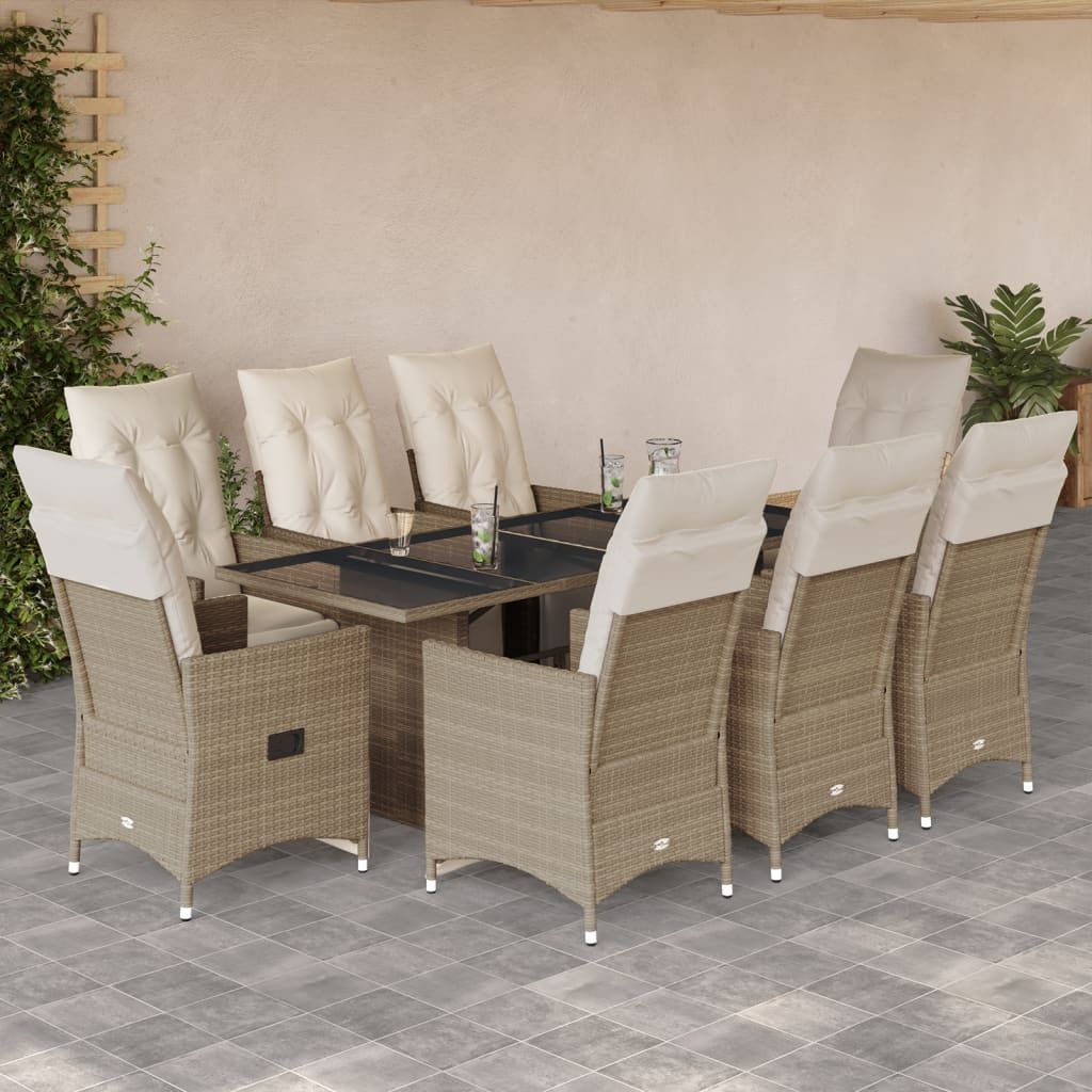 9-tlg. Garten-Bistro-Set mit Kissen Beige Poly Rattan, Gartenmöbel-Sets 2024 Neu