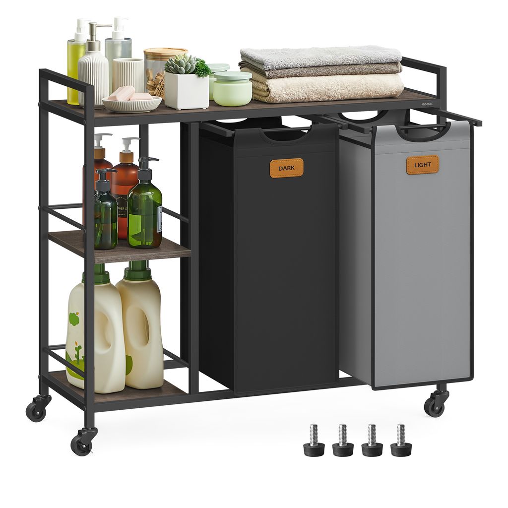 A laundry cart with two compartments, shelves, and various cleaning products.