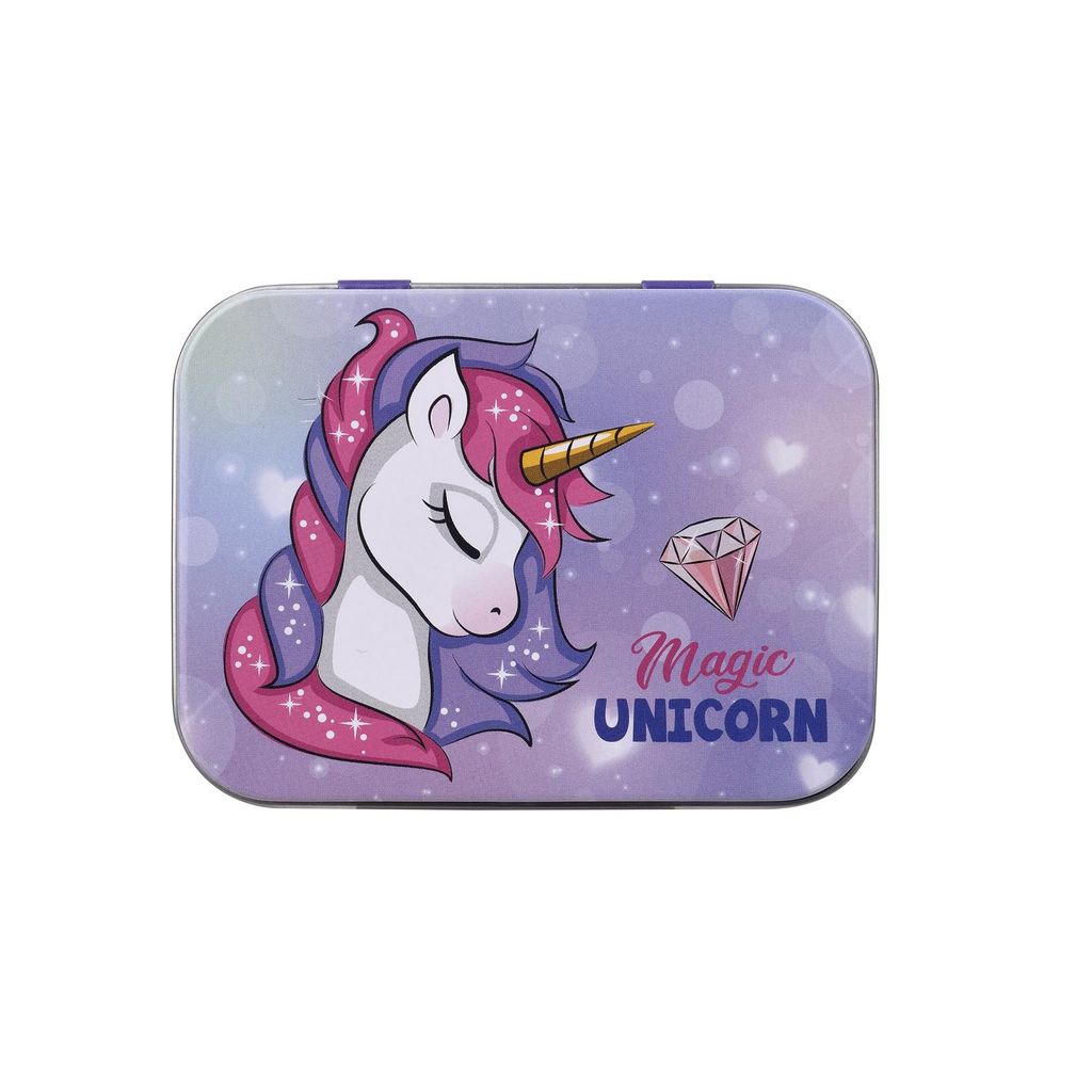 1x Home-Flair Einhorn Glitzer Kinder Pflaster-Box mit 24 bunten Motiv-Pflastern in Metalldose – Hautfreundlich & Wasserabweisend