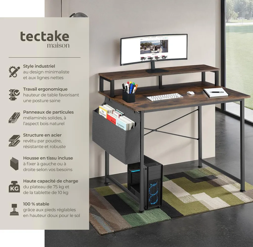 Bureau informatique avec rangement et poche latérale 120 cm bois rustique