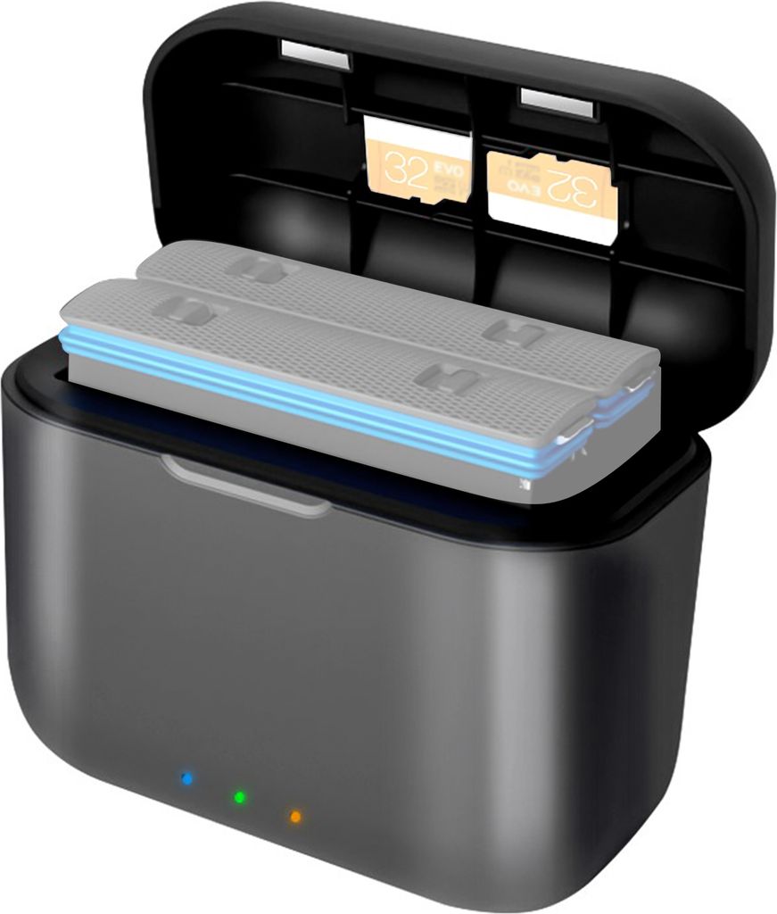 aMagisn AX05 Akkuladegeraet mit 2 Akkukanaelen, Schnelllade-Akkubox mit Typ-C-Anschluss und 3 Kartensteckplaetzen, kompatibel mit Insta360 X3