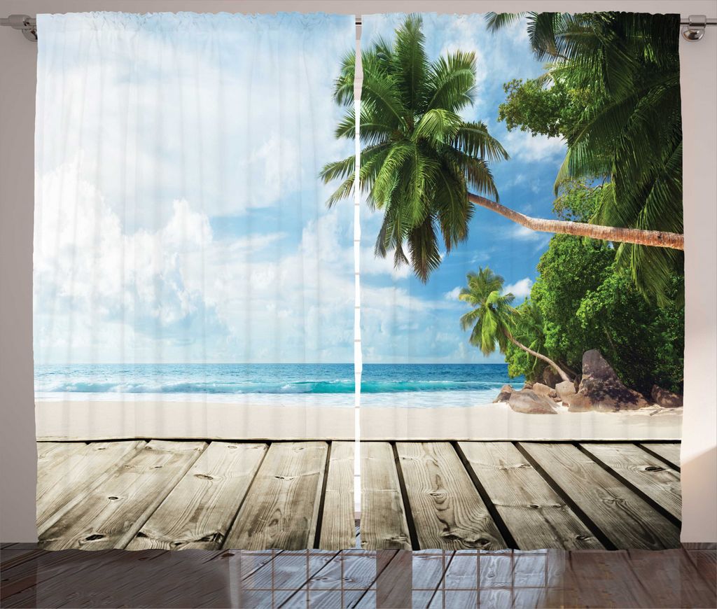 ABAKUHAUS Palme Rustikaler Gardine, Sandy Tropic Ocean Beach Pier, Schlafzimmer Kräuselband Vorhang mit Schlaufen und Haken, 280 x 225 cm, Mehrfarbig