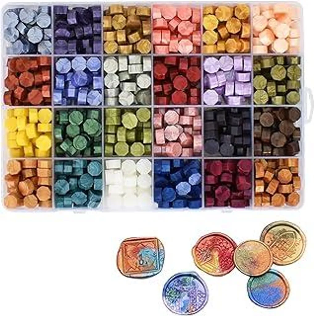 600 perle di ceralacca, 24 colori, ottagonali, per timbri per sigilli, timbri per sigilli in ceralacca, fai da te, buste, lettere, inviti di nozze, cartoline, sigilli (24 colori A)
