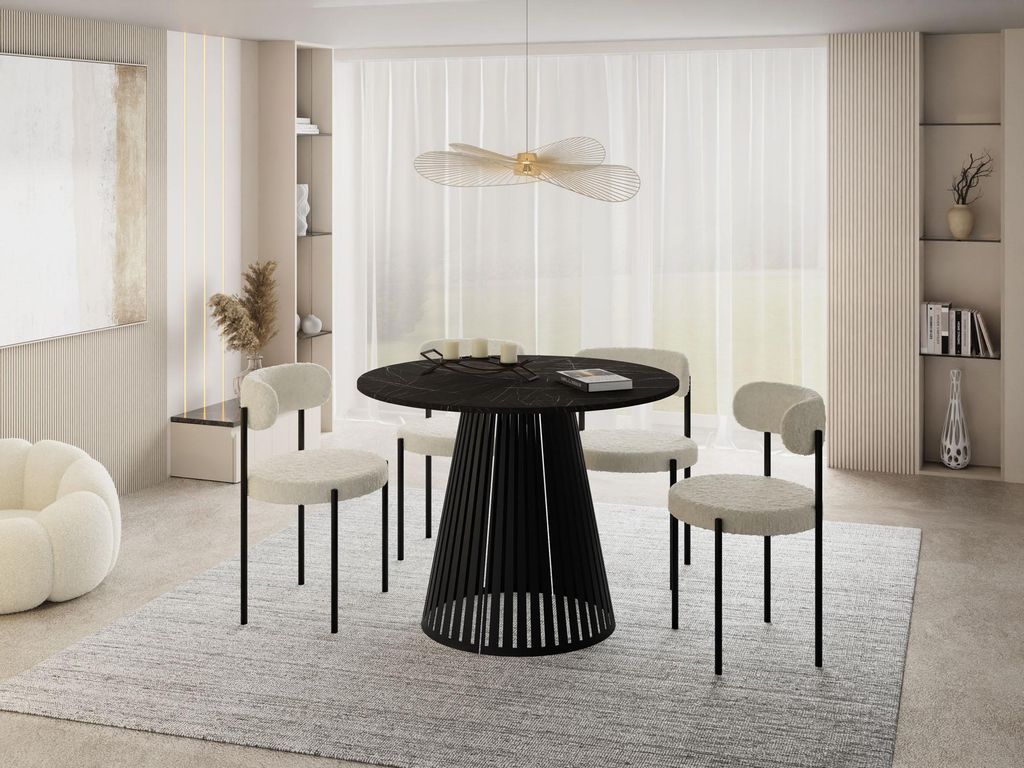Esstisch Rund Ausziehbar mit Lamellen im Loft-Stil – 100 bis 180 cm – Industrieller Tisch mit Schwarzen Metallbeinen, Platzsparend für Wohnzim...