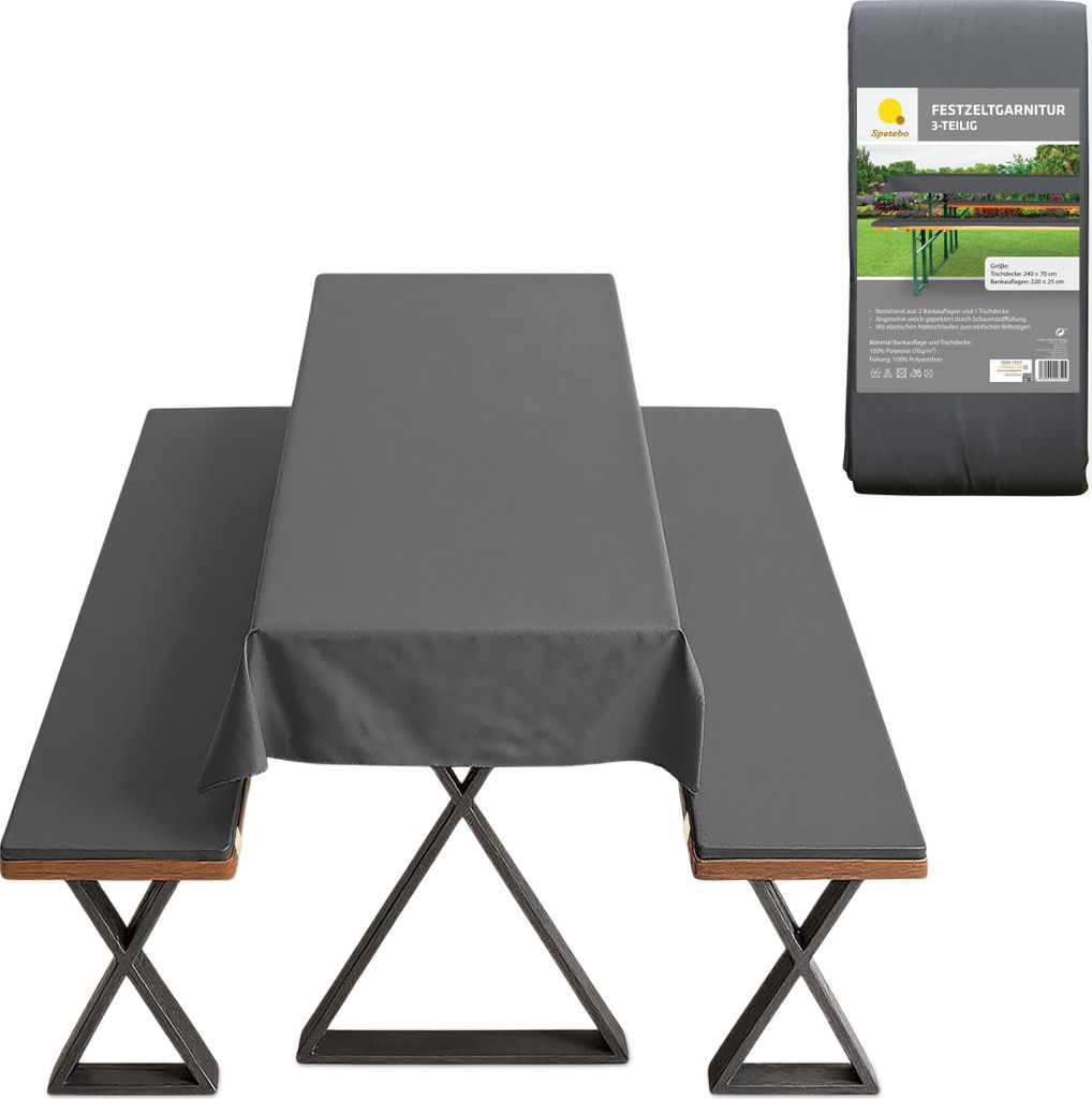 Festzeltgarnitur 3--teilig gepolstert in anthrazit - ca. 240 x 70 / 220 x 25 cm - Bierzeltgarnitur Polster Auflage