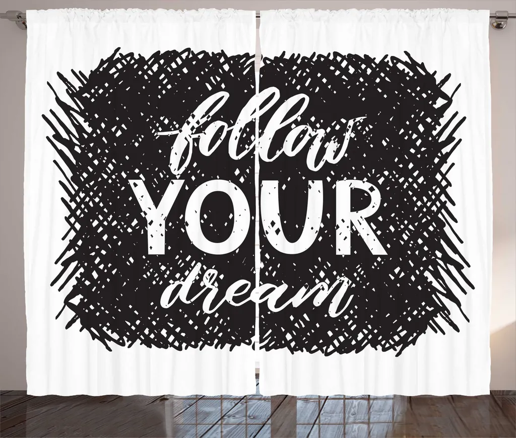 ABAKUHAUS Sogno Tenda rustica, parole scarabocchiate in nero sporco, soggiorno Tenda universale con passanti e ganci, 280 x 245 cm, bianco e nero