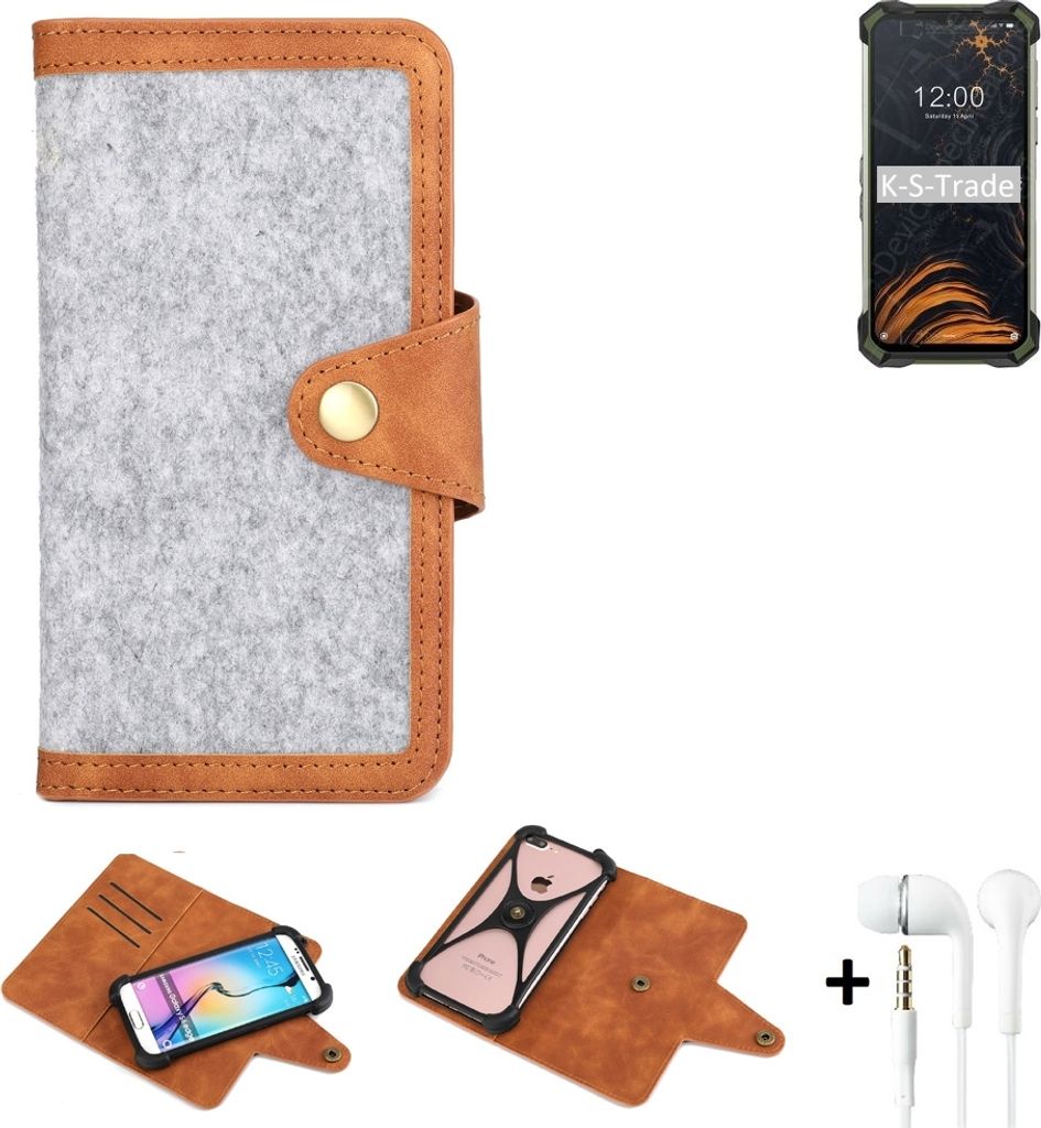 K-S-Trade Handyhülle + Kopfhörer kompatibel mit Doogee S86 Pro Schutzhülle Filz Hülle Kunstleder hellgrau braun (1x)