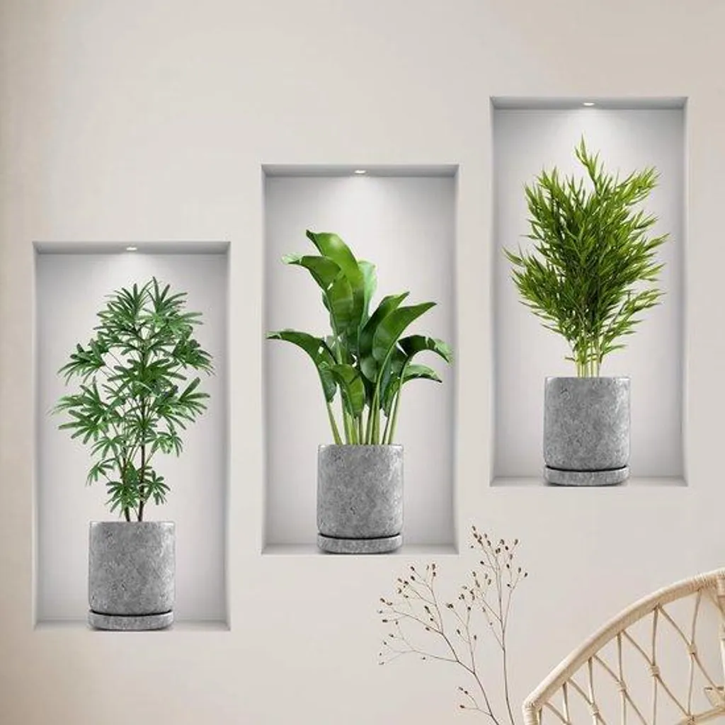 Stickers Muraux Vases et Plantes Vertes 3D Décoration Salon 60x90cm