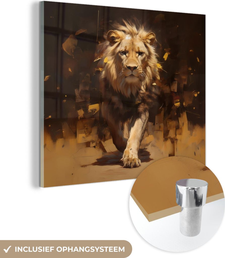 MuchoWow Glasbilder - Bilder auf Wandbild - Foto auf Glas Löwe - Gemalt - Abstrakt - Gold 40x40 cm Wanddekoration aus Glas - Acrylglasbild - Acryl...