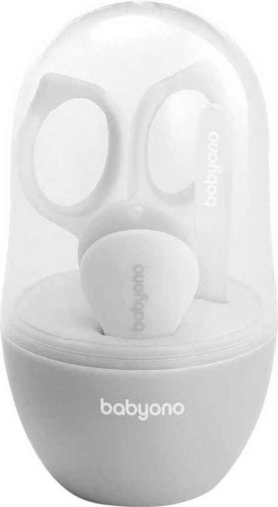 A baby nail care set in a transparent protective case.