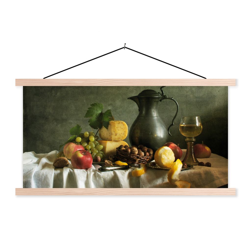 MuchoWow Textilposter Rustikal - Käse - Teekanne - Obst - Stilleben 60x30 cm mit holzfarbenen Rahmen - Dekoration