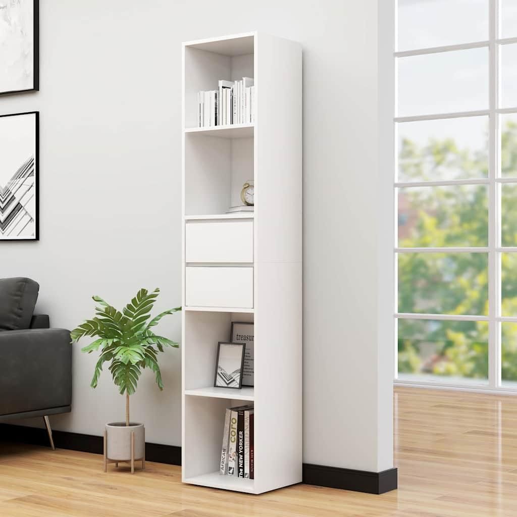 A white bookshelf is shown in a room with a sofa and a plant, next to a large window.