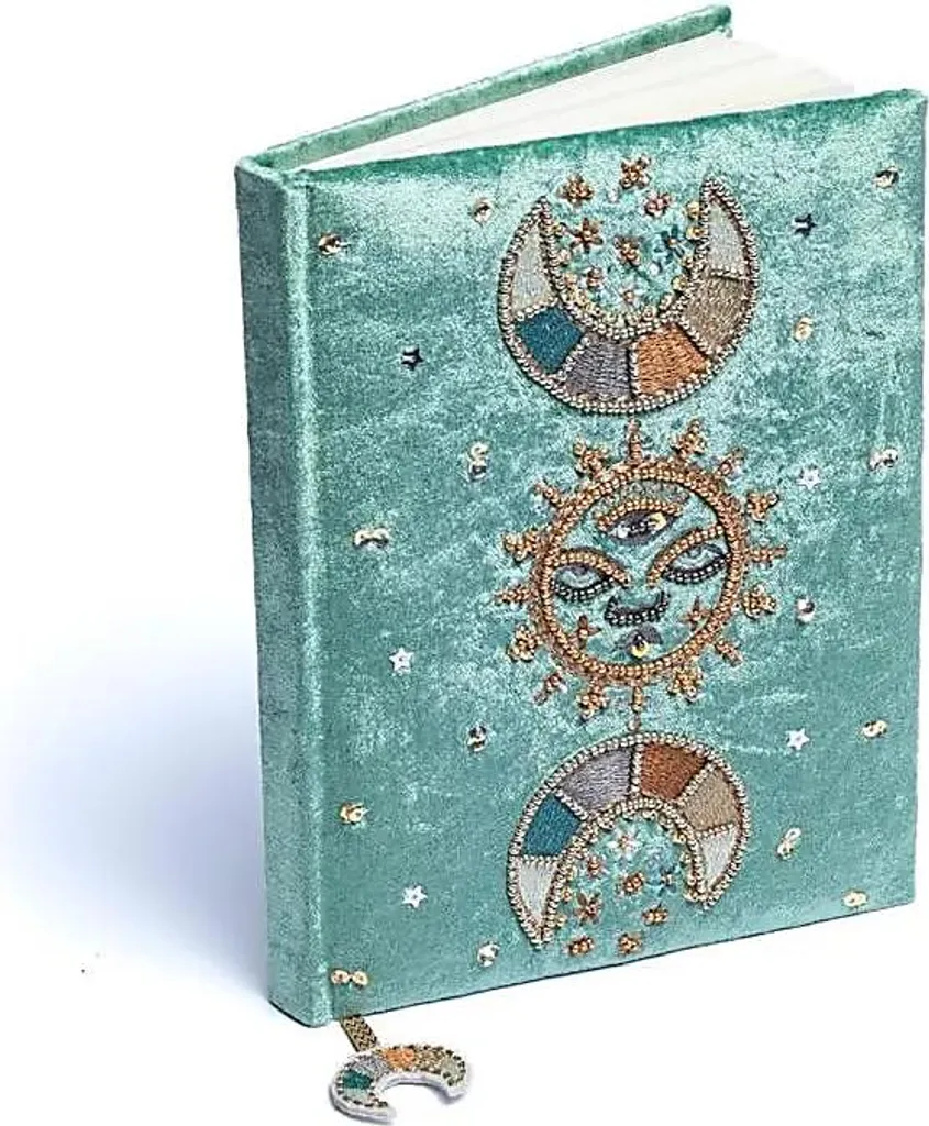 Journal de bord en velours menthe et phases lunaires - Papeterie chic