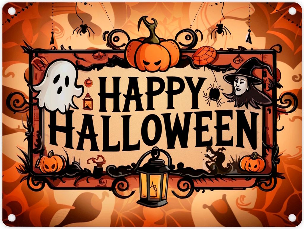 Happy Halloween Metallschild in 15x20 cm mit Geistern und Laternen