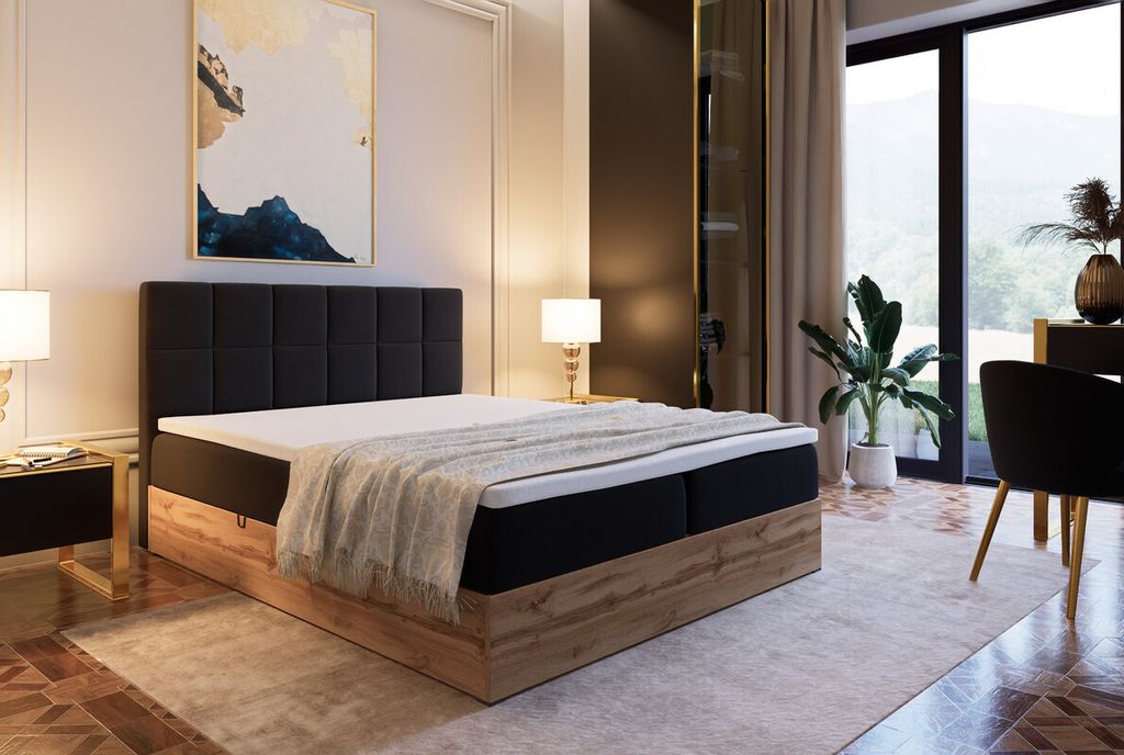 Marlux-Meble Riko III Kontinentalbett 160x200 cm Modern Bequemes Hochbett Gepolstert Mit Matratze Und Zwei Bettzeugbehälter (Itaka 15 - Schwarz)
