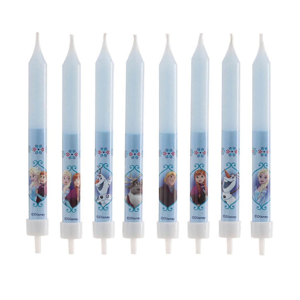 A set of eight Frozen-themed birthday candles arranged in a row against a white background.