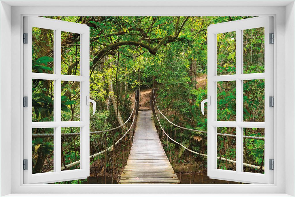 Wallario Wandbild aus Acryl, 60 x 90 cm, freischwebende Optik - Hängebrücke im Urwald grüner Dschungel mit Fenster-Illusion