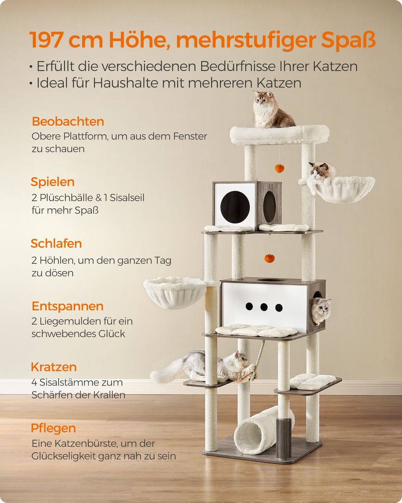 Feandrea Kratzbaum groß, 197cm, Katzenbaum XXL, modern, Produktbild 4