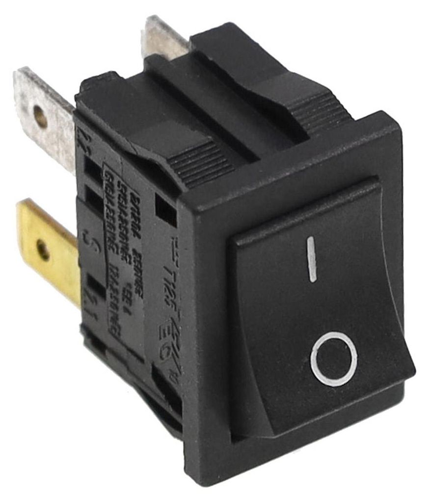 A close-up, angled view of a black electrical switch.