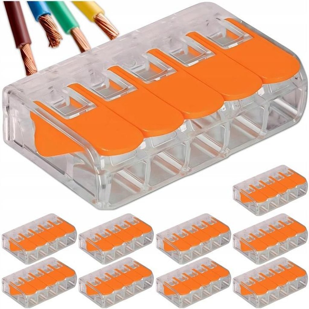 Hebel-Verbindungsklemme 5-Leiter – Universal für Draht & Litze 0,20–4 mm² – 10 Stück Set – Transparent/Orange