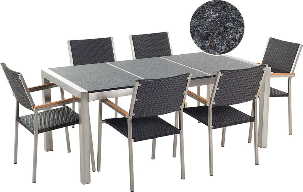 BELIANI Gartenmöbel Set Schwarz Granit Edelstahl Tisch 180 cm mit 3 Platten Geflammt 6 Rattanstühle Terrasse Outdoor Modern