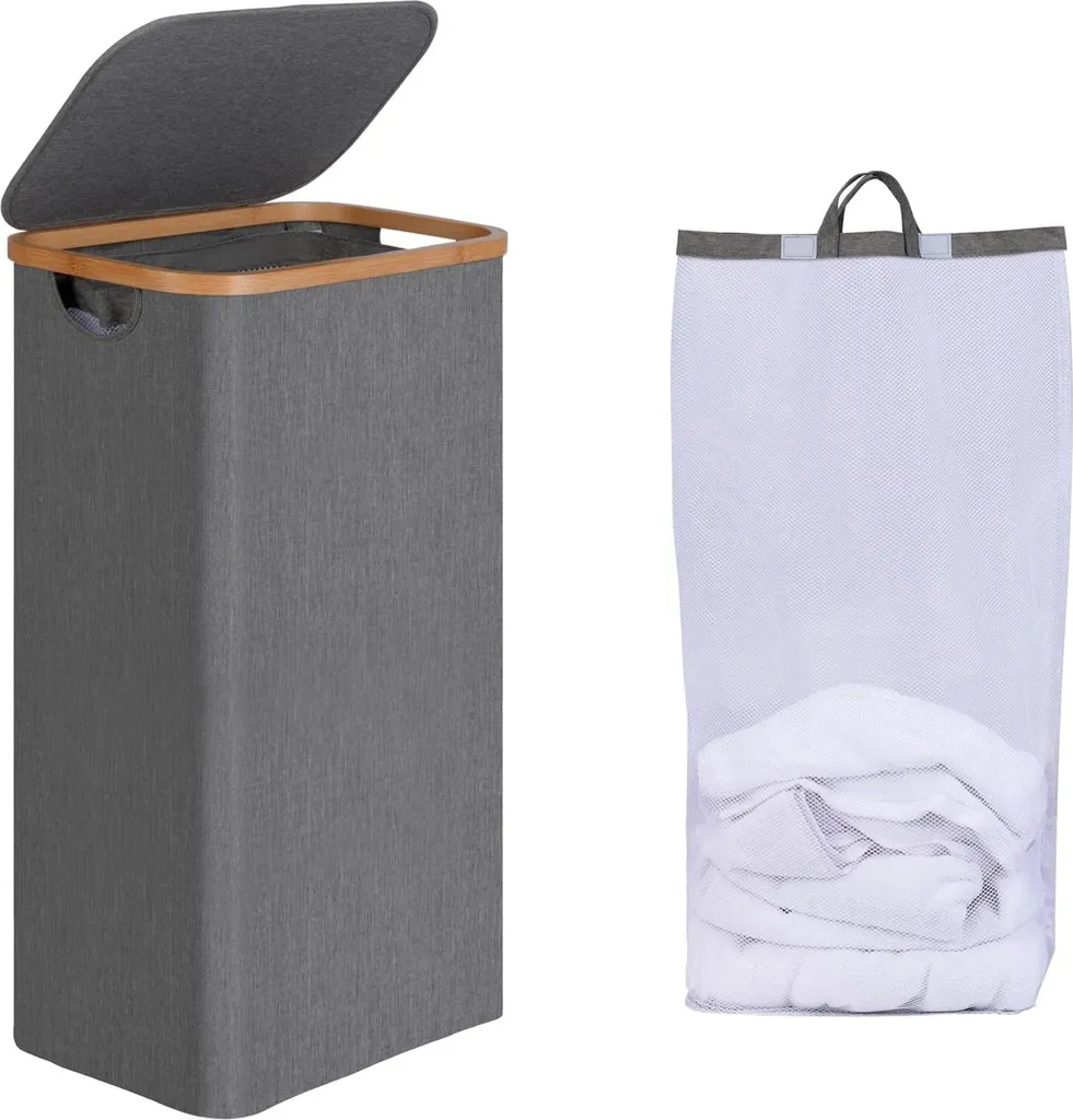 Bac à linge design 75L avec poignées bambou et sac intérieur amovible