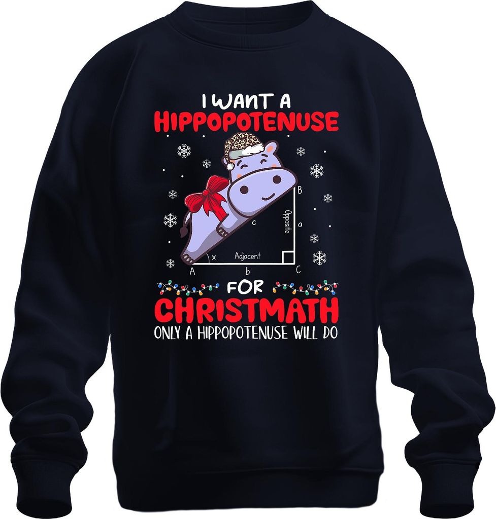 Hippopotenuse Christmath Hippo Santa Schleife Schnee Mathe Lustig Uni Sweatshirt Pullover, Navy, M
