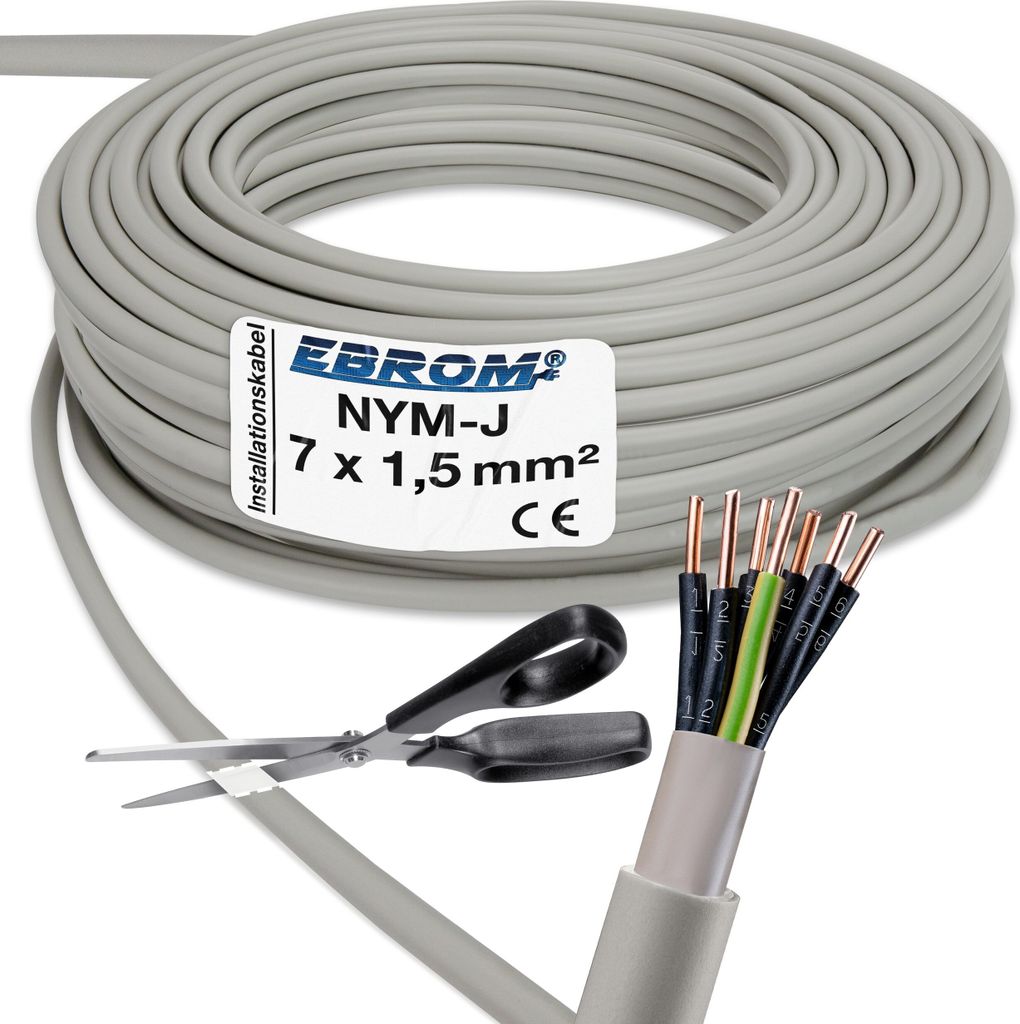 EBROM - 10 Meter NYM-J 7x1,5 mm2 mit NUMMERIERTEN Adern - Installationskabel - Mantelleitung - Installationsleitung - grau