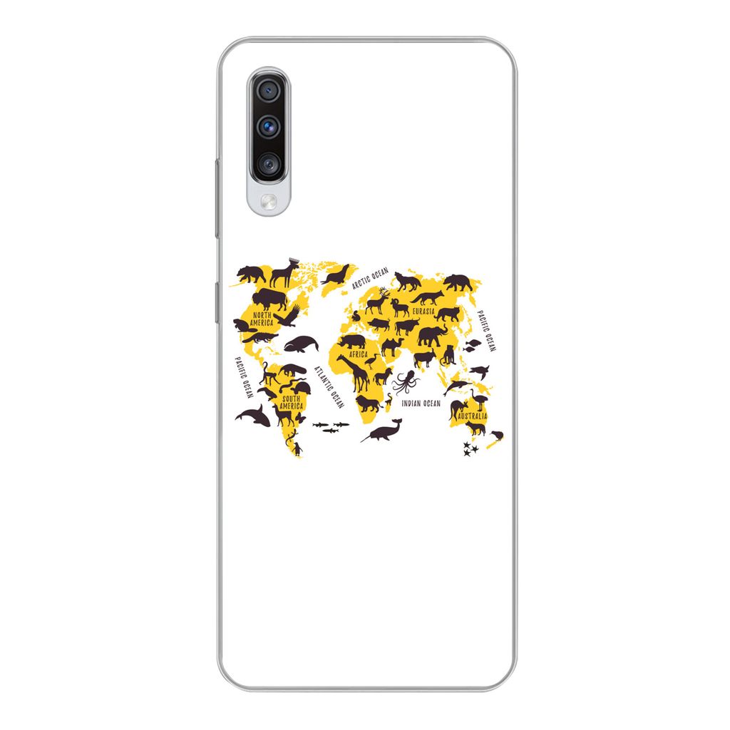 MuchoWow Handyhülle Schutzhülle Hülle für Samsung Galaxy A70 Weltkarte - Tiere - Gelb Silikon Softcase Handy Hülle - Schutzhaube