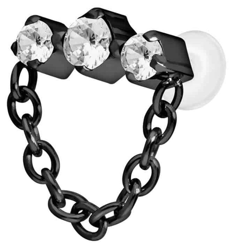 Ohrpiercing, Nasenpiercing PTFE Labret mit Innengewinde + Titan-Aufsatz 3 EINGEFASSTE KRISTALLE + KETTE Schwarz Stablänge: 9mm | Stabstärke: 1,2mm
