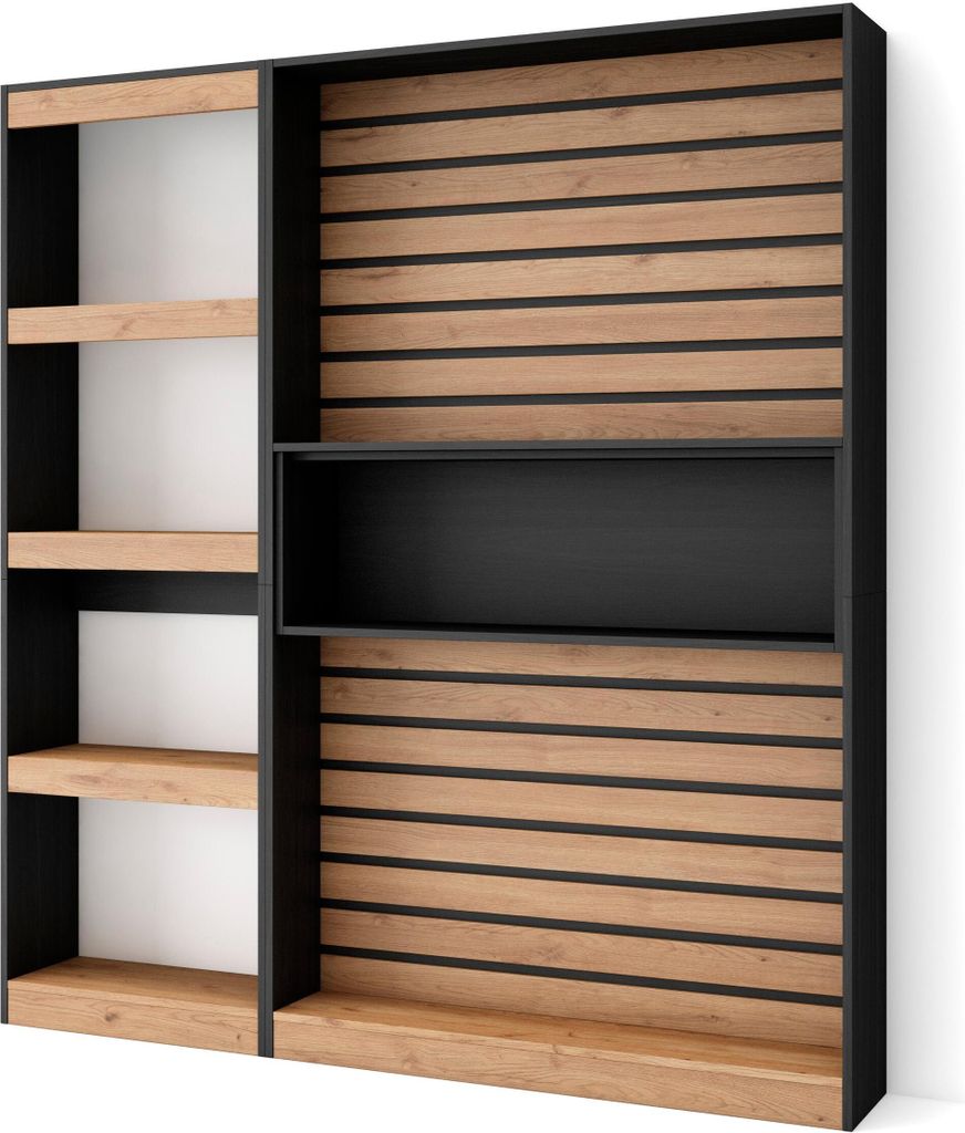 Bücherregal Bibliothek, 170x25x186cm, Wohnzimmer, Esszimmer, Büro, Aufbewahrungsregal, Eiche und Schwarz
