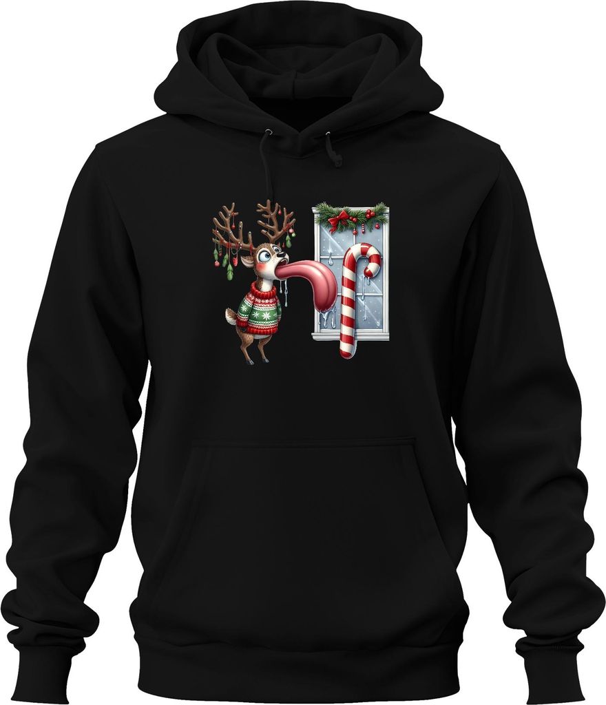 Weihnachtsrentier lange Zunge Zuckerstange lustig Eiszapfen ugly Uni Hoodie Kapuzenpullover, Schwarz, M