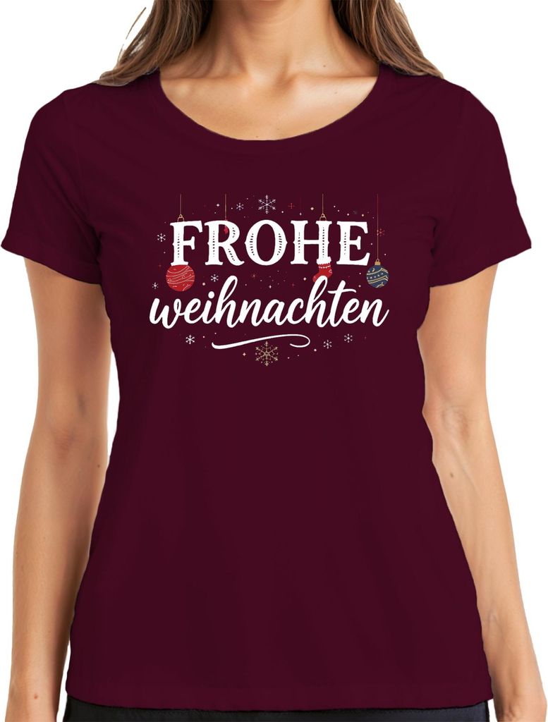 Frohe Weihnachten Weihnachtskugel Schneeflocken Christbaum gold Damen T-Shirt, Burgundy, S