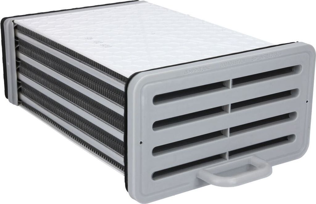 A heat exchanger for a dryer, shown from a slight angle.