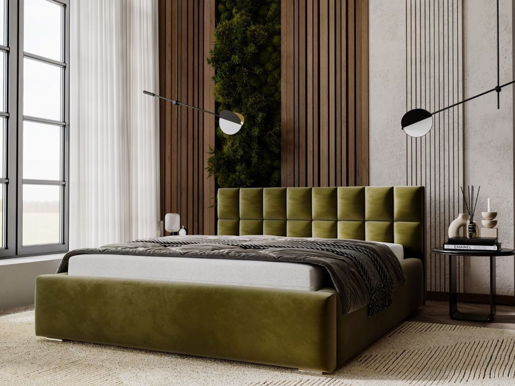 GrainGold Polsterbett Hugo 180x200 cm - Bett 180x200, Polsterbett mit Bettkasten - Doppelbett mit Lattenrost - Grün (Amor Velvet 4326)