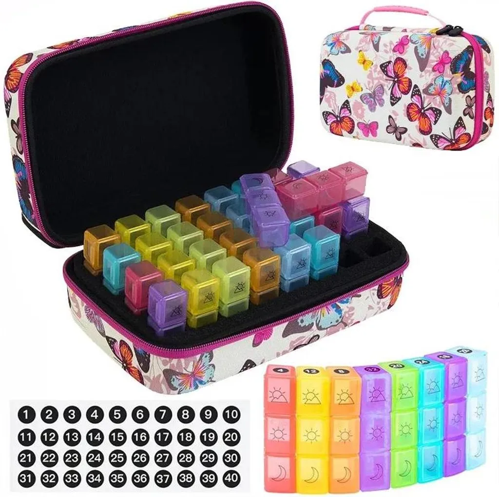 Pilulier mensuel 32 compartiments motif papillon - Organiseur compact