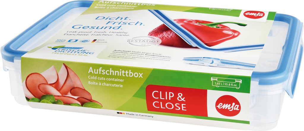 Emsa Clip & Close Aufschnittbox 1.65 L, Brotdose, Frischhaltedose, Käse-Wurstbox, 509040