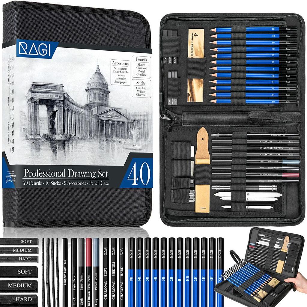A professional drawing set is displayed, open and closed, with various art supplies.