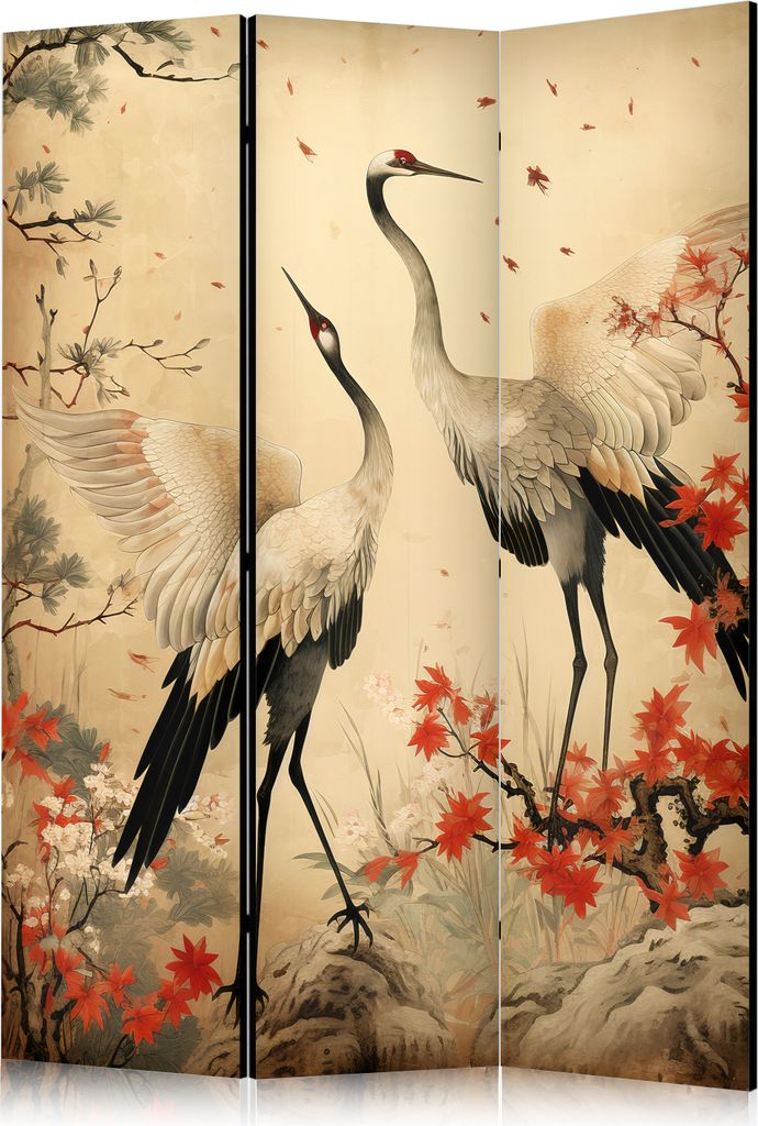 Neuheit! Dekorativer Paravent Raumteiler Trennwand Foto-Paravent Spanische Wand XXL 135x172 cm Vogels Blumen Bäume Kran p-H-10000-z-a