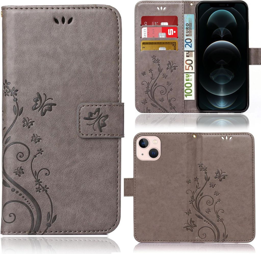 A collage of images showing a grey flip phone case with a floral and butterfly design, with some images showing the inside of the case with card slots and a phone.