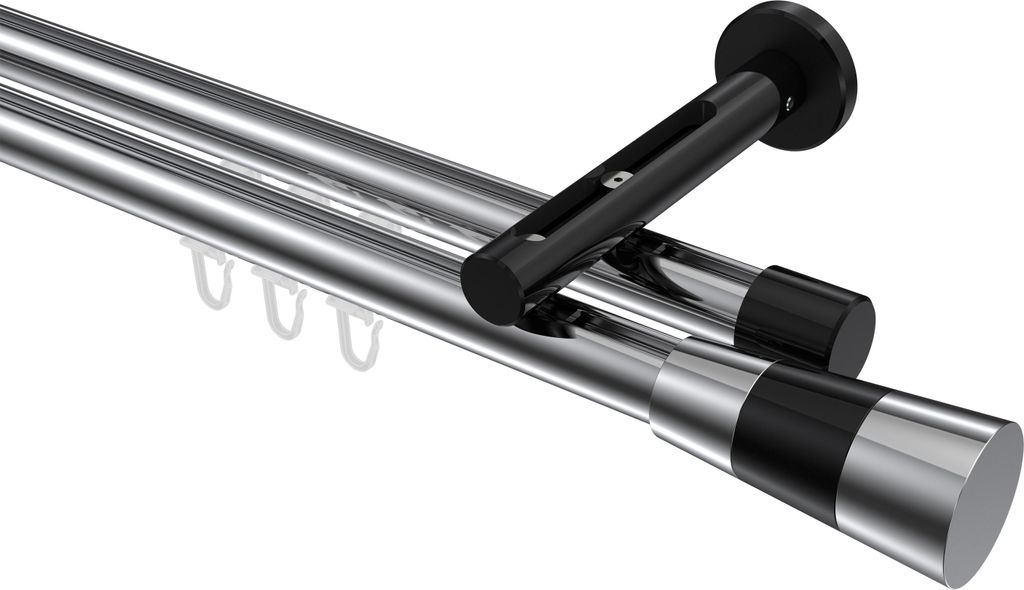 Interdeco Innenlaufstange / Gardinenstange mit Innenlauf Chrom / Schwarz, Typ Siteno Tanara (Konus Bicolor), 20 mm Ø 2-läufig, 540 cm